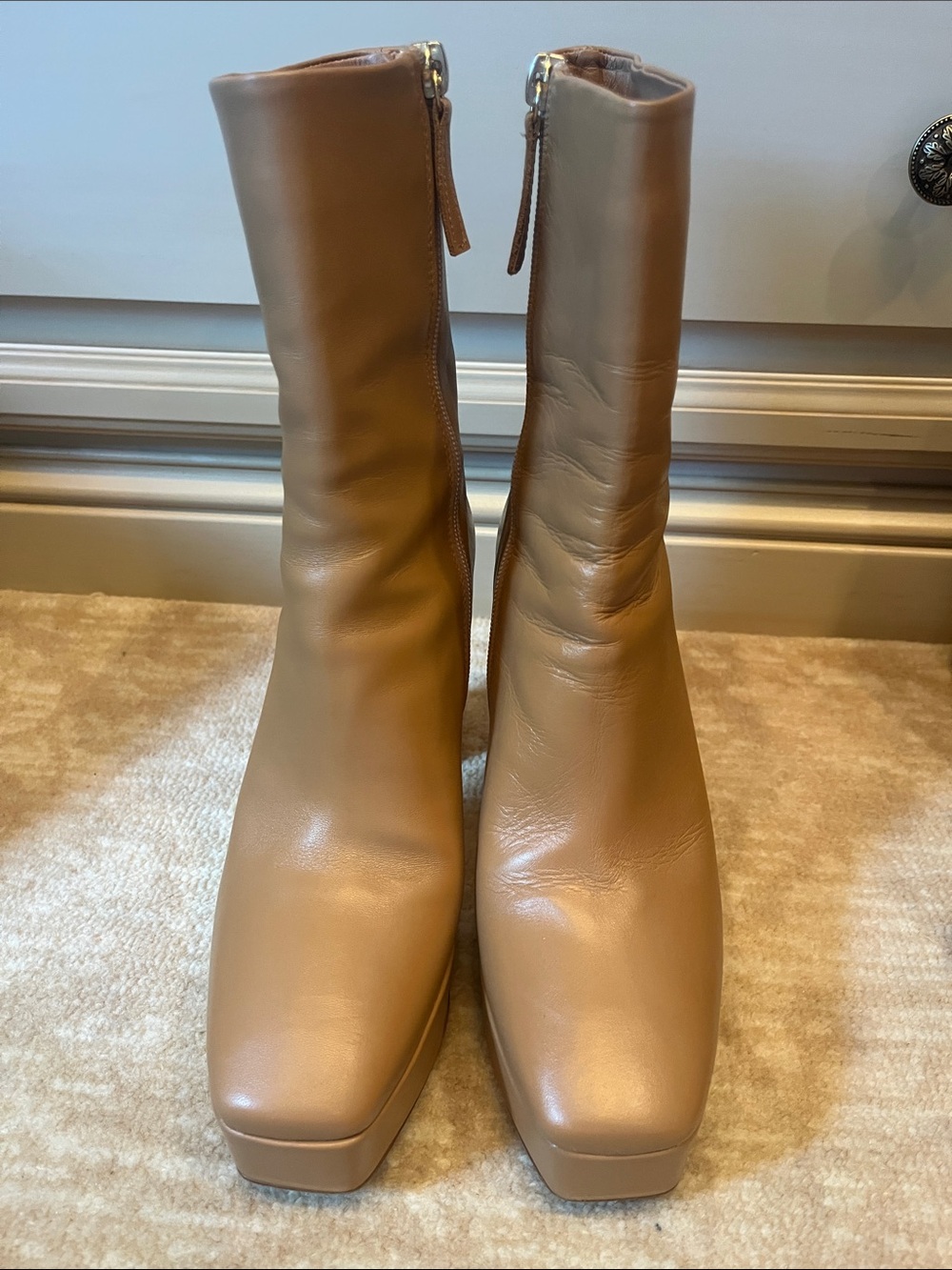 Zara Tan Mid-Calf Platform Block Heel Boots - Picture 2 of 5
